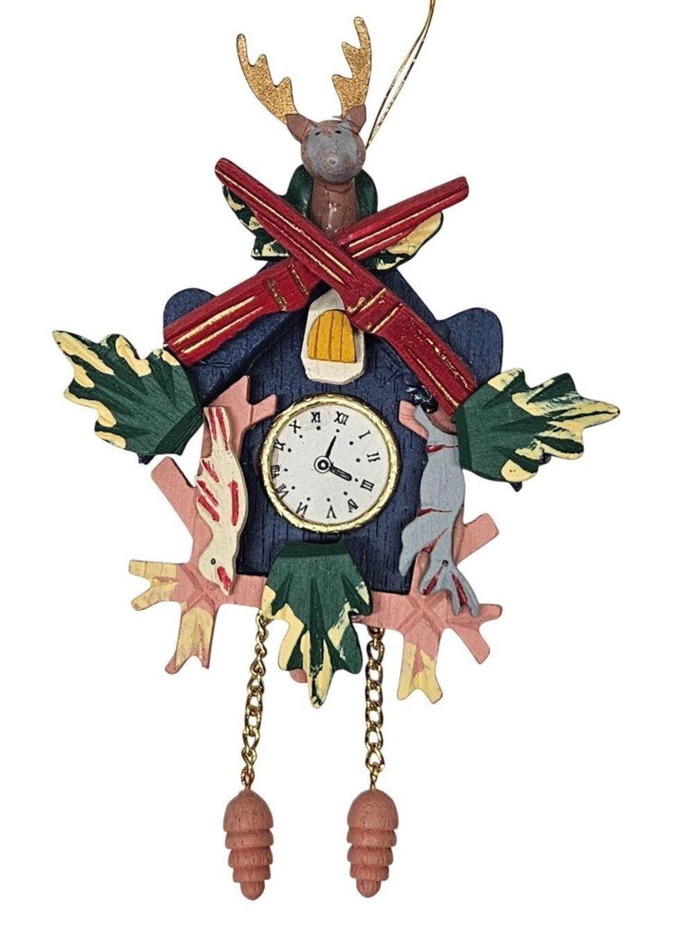 Vintage Black Forest Wood Cuckoo Clock Ornament Hunting Lodge Deer Rifle Cabin D